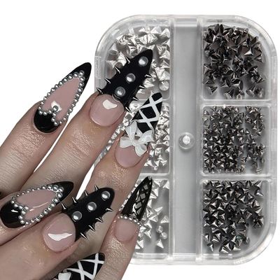 6Grid Metallic Rivet Punk Nail Charm,3D Gothic Punk for Nails Silver Black Cone Spike Studs Nail Art Jewels Alloy Mini Rivet Studs Nail Supplies,Rivet Punk Bullet Charms for Acrylic Nails Accessories