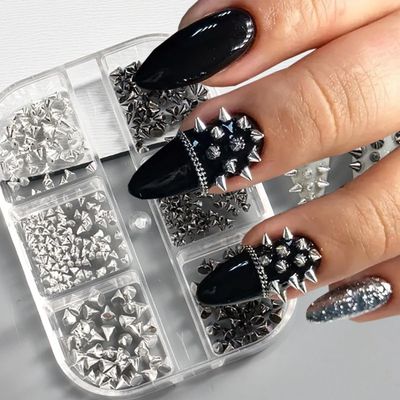 6Grid Metallic Rivet Punk Nail Charm,3D Gothic Punk for Nails Silver Black Cone Spike Studs Nail Art Jewels Alloy Mini Rivet Studs Nail Supplies,Rivet Punk Bullet Charms for Acrylic Nails Accessories