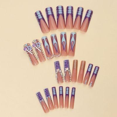 Press on Nails Extra Long - Aegenacess Square Press On Nails with 3D Star Rhinestones, Nude Blue French Tips Y2K Fake Nails with Glue Sticker, Handmade 24 pcs Stick On Nails False Nail in 12 Sizes