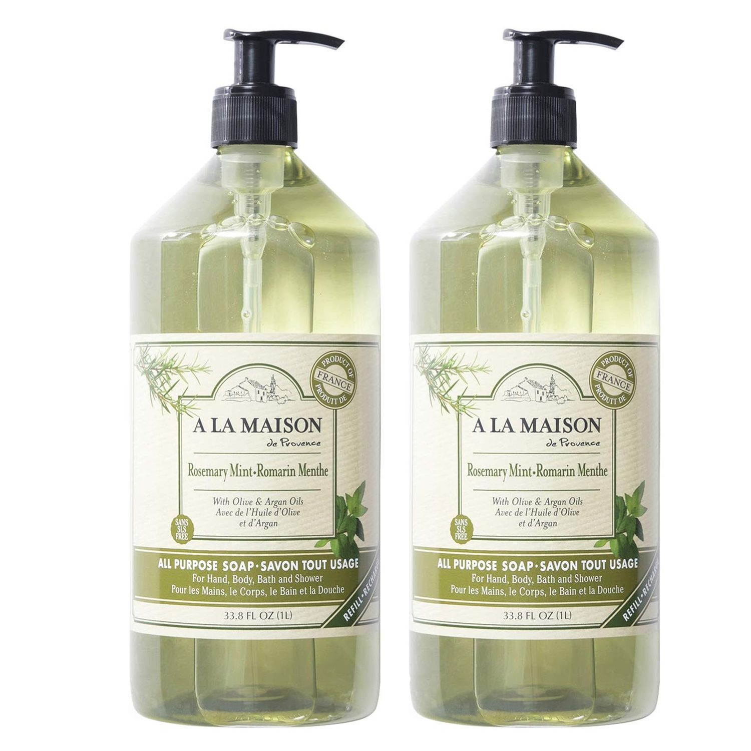 A LA MAISON French Liquid Hand Soap, Rosemary Mint - Natural Hand Wash Made with Essential Oils - Biodegradable, Plant-Based, Vegan, Cruelty-Free, Alcohol &amp; Paraben Free (33.8 oz, 2 Pack)