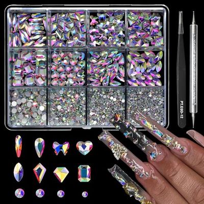 Cycullinyt 1660Pcs 3D Glass Crystal AB Nail Art Rhinestones, 8 Types of Multi Shapes Diamonds 4 Sizes Flatback Round Bead Gems Diamond with Tweezer Pickup Pen for Manicure Craft Decoration DIY