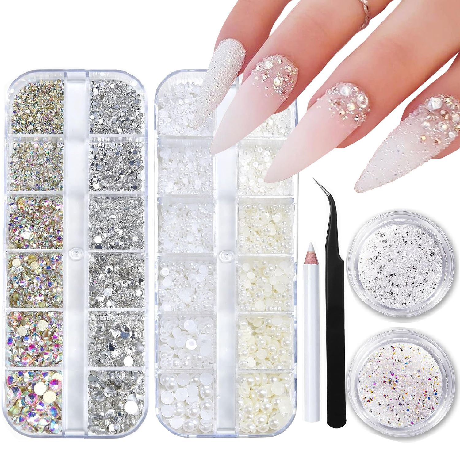 ITPOYOL 4 Boxes Nail Art Rhinestones Flatback Rhinestones Pearls Nail Charms for Acrylic Nails Crystals Nail Art Supplies Half Round Design Nail Gems Nail Pearls Nail Accessories for DIY Nail Decor