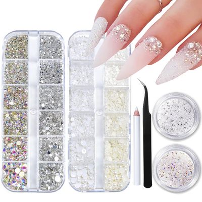 ITPOYOL 4 Boxes Nail Art Rhinestones Flatback Rhinestones Pearls Nail Charms for Acrylic Nails Crystals Nail Art Supplies Half Round Design Nail Gems Nail Pearls Nail Accessories for DIY Nail Decor