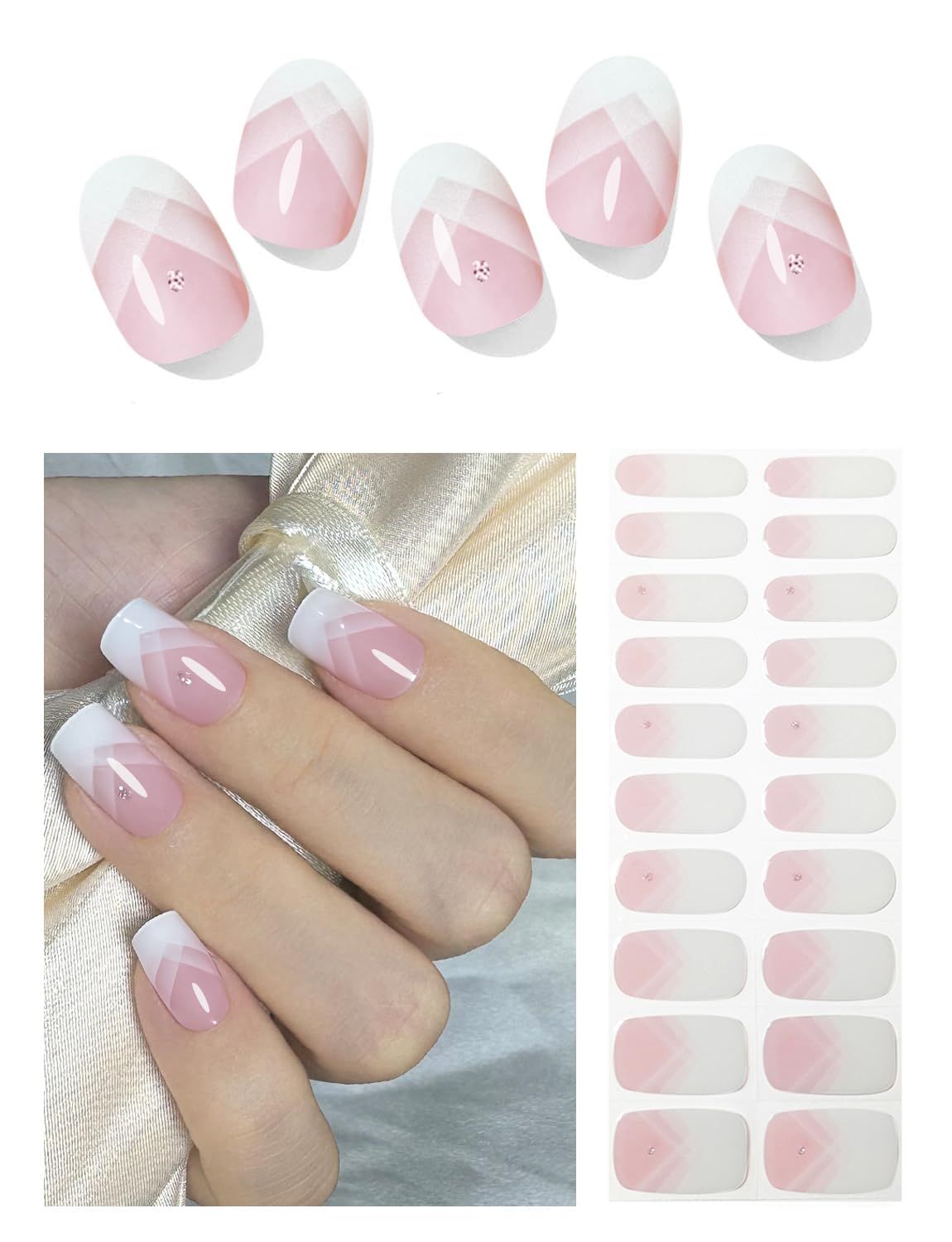 Wahrshei Semi Cured Gel Nail Strips, 20pcs French Gradient Gel Nail Stickers Work with UV, Easy to Use and Remove
