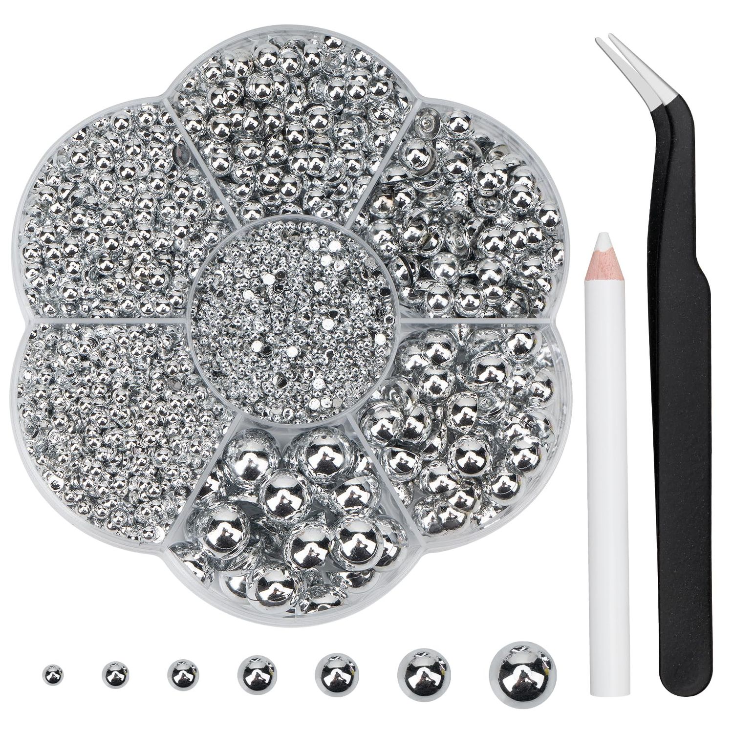 Mdscve 6100Pcs Nail Pearls, Flatback Pearls for Crafting Half Pearl for Makeup Nail Beads for Crafts DIY Pearl Charms with Tweezer and Picker Pencil (Silver)