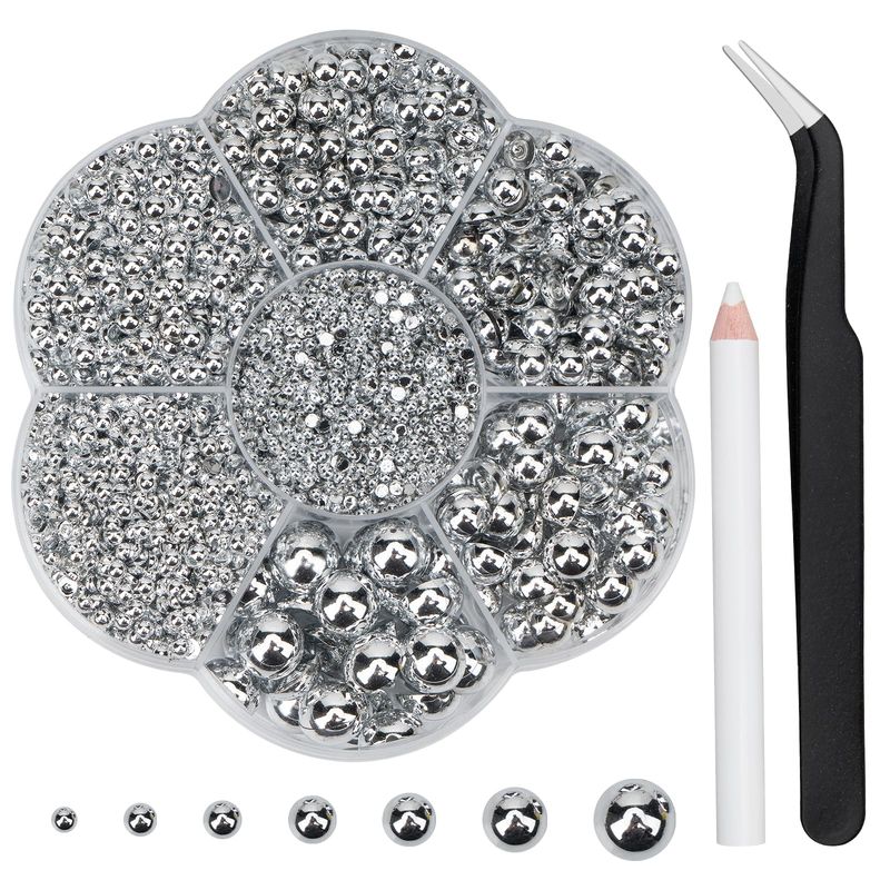 Mdscve 6100Pcs Nail Pearls, Flatback Pearls for Crafting Half Pearl for Makeup Nail Beads for Crafts DIY Pearl Charms with Tweezer and Picker Pencil (Silver)