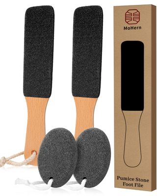 Pumice Stone Foot File, 4pcs Set Callus Remover for Feet with Wooden Handle, Pedicure Foot Scrubber to Remove Dead Skin, Dry, Rough, Corns Skin Scraper