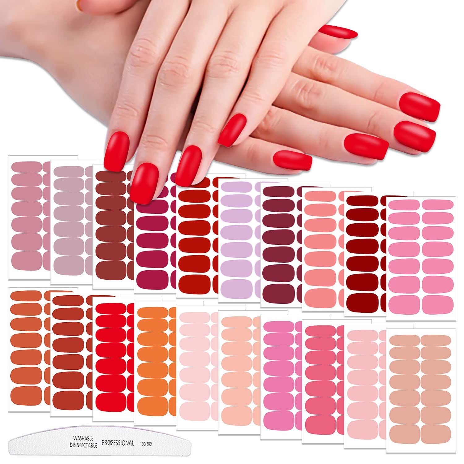 WOKOTO 20 Sheets Red Pink Nail Polish Strips Full Nail Wraps Solid Stickers for Women Nail Art Polish Stickers Gel Nail Strips for Women Girls Nails Stick On Nails Polish Wraps