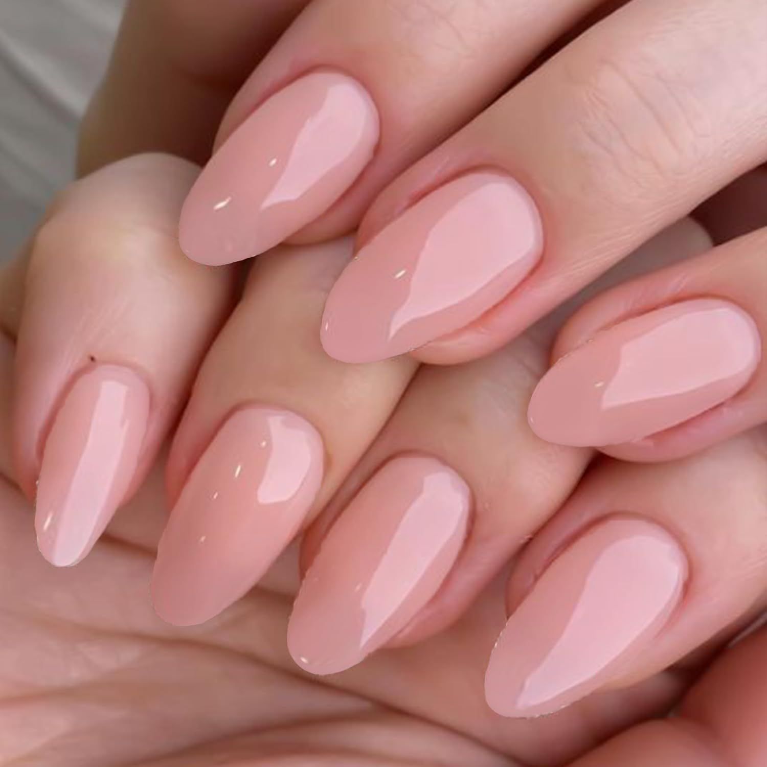 GLAMERMAID Nude Pink Press On Nails Short Almond, Natural Pure Pink Handmade Soft Jelly Gel Fake Nails Tip, Neutral Glossy Round Oval Stick Glue on Nails Kit for Women, Reusable Acrylic False Nail Set