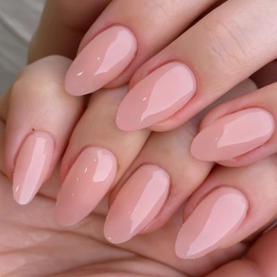 GLAMERMAID Nude Pink Press On Nails Short Almond, Natural Pure Pink Handmade Soft Jelly Gel Fake Nails Tip, Neutral Glossy Round Oval Stick Glue on Nails Kit for Women, Reusable Acrylic False Nail Set