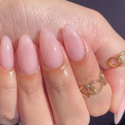 GLAMERMAID Nude Pink Press On Nails Short Almond, Natural Pure Pink Handmade Soft Jelly Gel Fake Nails Tip, Neutral Glossy Round Oval Stick Glue on Nails Kit for Women, Reusable Acrylic False Nail Set