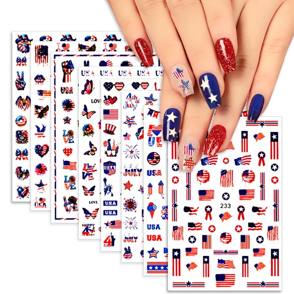 4th of July Nail Stickers - Patriotic Nail Decals Nail Art3D Self-Adhesive Nail Art Manicure Holiday Nail Stickers for Women (8 Sheets)