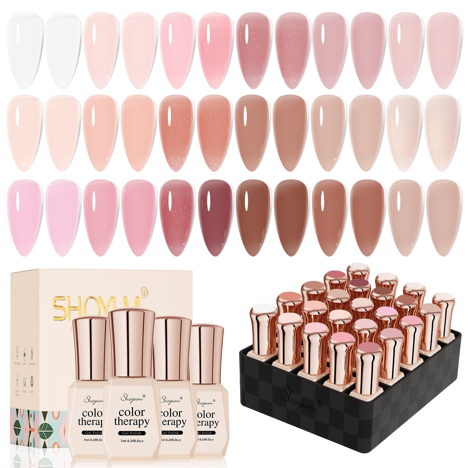 SHOYUM 24 Pcs Jelly Nude Gel Nail Polish Set, Sheer Pink Colors Gel Polish Kit with Glossy &amp; Matte Top Coat and Base Coat for Nail Art DIY Manicure and Pedicure at Home