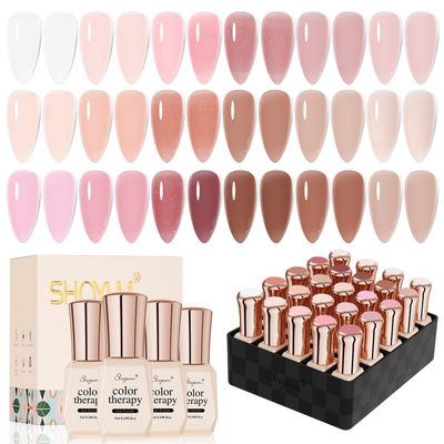SHOYUM 24 Pcs Jelly Nude Gel Nail Polish Set, Sheer Pink Colors Gel Polish Kit with Glossy &amp; Matte Top Coat and Base Coat for Nail Art DIY Manicure and Pedicure at Home