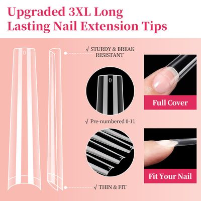 3XL NO C Curve Coffin Nail Tips for Acrylic Nails Professional, 504PCS Clear Extra Long Tapered Square, 12 Sizes Straight Press On Gel Tips for Nail Salons Home DIY