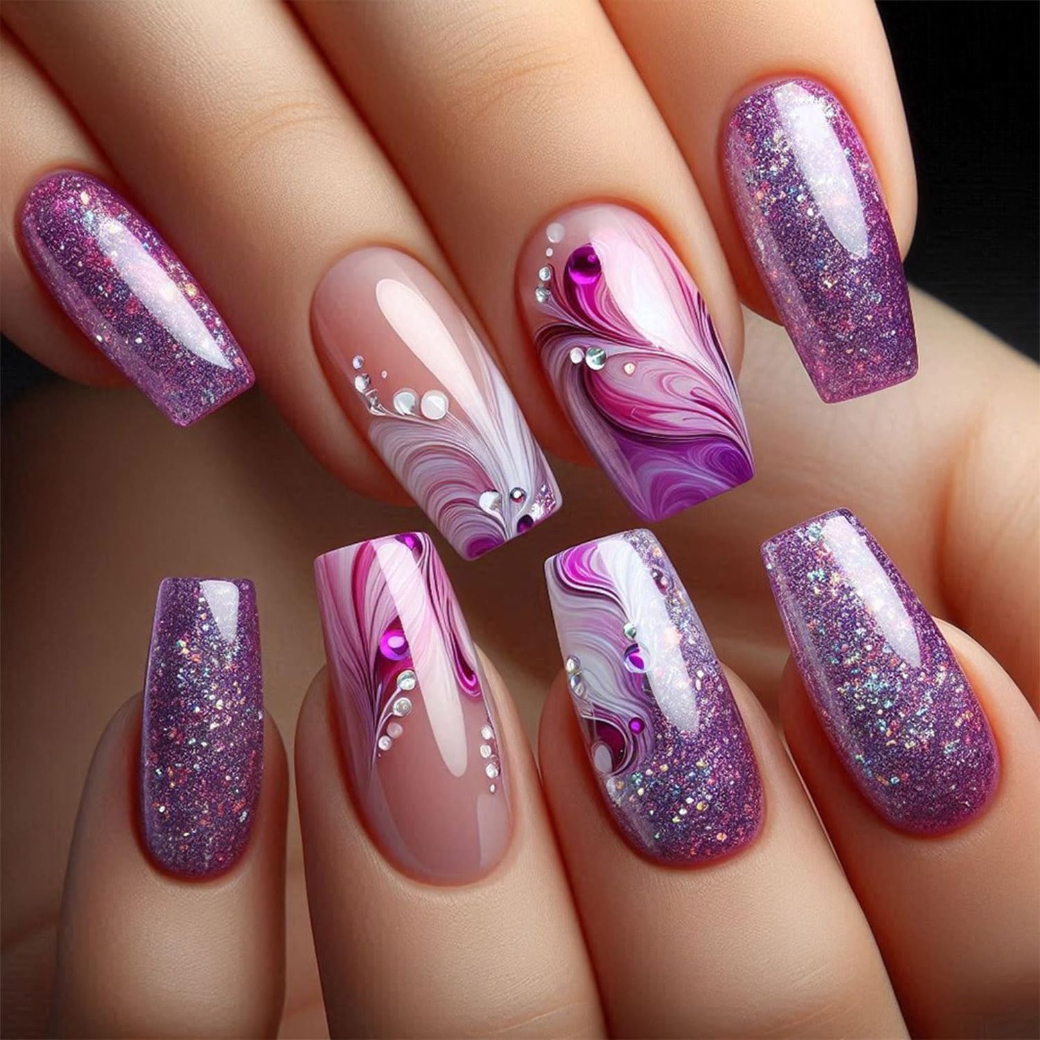 24Pcs Purple Curve Line Press on Nails Rhinestones Acrylic Medium Square Fake Nail Glossy Red Gradient False Nails Starry Sky Gel Glue on Nail Crystal Stick on Fingernails for Coquette Women Girls