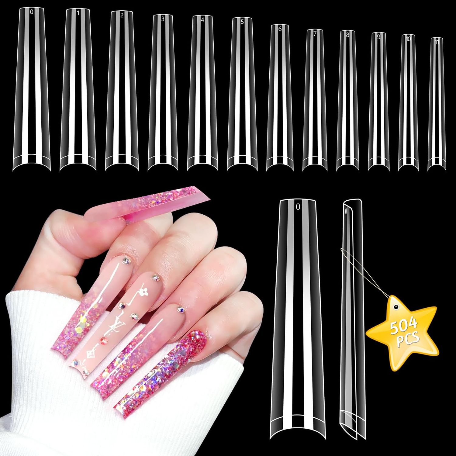 3XL NO C Curve Coffin Nail Tips for Acrylic Nails Professional, 504PCS Clear Extra Long Tapered Square, 12 Sizes Straight Press On Gel Tips for Nail Salons Home DIY