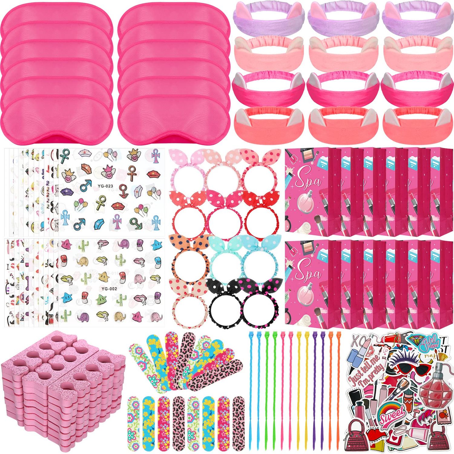 170 Pcs Spa Party Favors for Girls Multiple Spa Party Supplies Include Tote Bags Nail File Eye Mask Toe Separators Nail Stickers Cute Hairbands Hair Circle Colored Hair Braids Clip