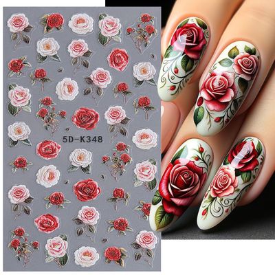 Rose Nail Stickers for Nail Art Embossed Flower Nail Art Sticker Valentines Day Nail Art Supplies Red Rose Flower Retro Nail Design 5D Nail Adhesive Sticker Floral for Women Manicure Decoration 2Pcs