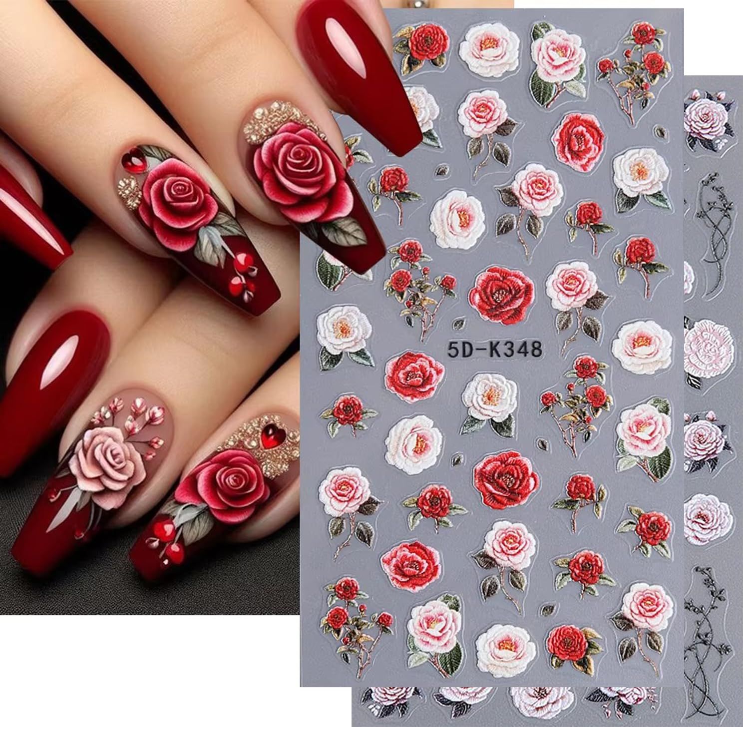Rose Nail Stickers for Nail Art Embossed Flower Nail Art Sticker Valentines Day Nail Art Supplies Red Rose Flower Retro Nail Design 5D Nail Adhesive Sticker Floral for Women Manicure Decoration 2Pcs