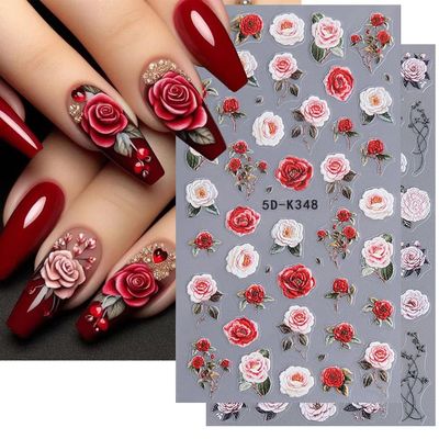 Rose Nail Stickers for Nail Art Embossed Flower Nail Art Sticker Valentines Day Nail Art Supplies Red Rose Flower Retro Nail Design 5D Nail Adhesive Sticker Floral for Women Manicure Decoration 2Pcs