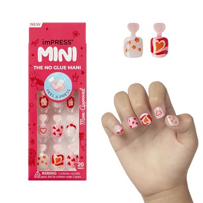 KISS imPRESS No Glue Mani Press-On Nails, Design, Playground, Medium Red, Kids Size, Squoval Shape, Includes 20 Nails, Prep Pad, Instructions Sheet, 1 Manicure Stick, 1 Mini File