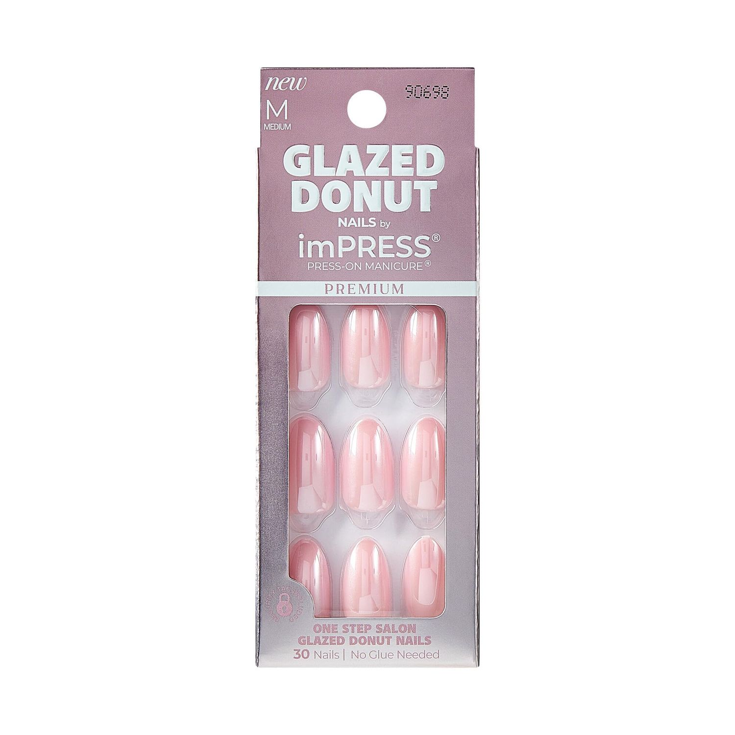 KISS imPRESS Premium GLAZED DONUT No Glue Mani 30 Pcs Press On Nails, Light Pink with Pearl, Medium Size, Almond Shape, Simple Peel &amp; Press Easy Apply, Hassel-Free Removal, Essential Tools Included