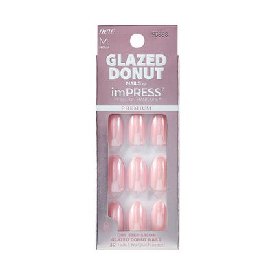 KISS imPRESS Premium GLAZED DONUT No Glue Mani 30 Pcs Press On Nails, Light Pink with Pearl, Medium Size, Almond Shape, Simple Peel &amp; Press Easy Apply, Hassel-Free Removal, Essential Tools Included