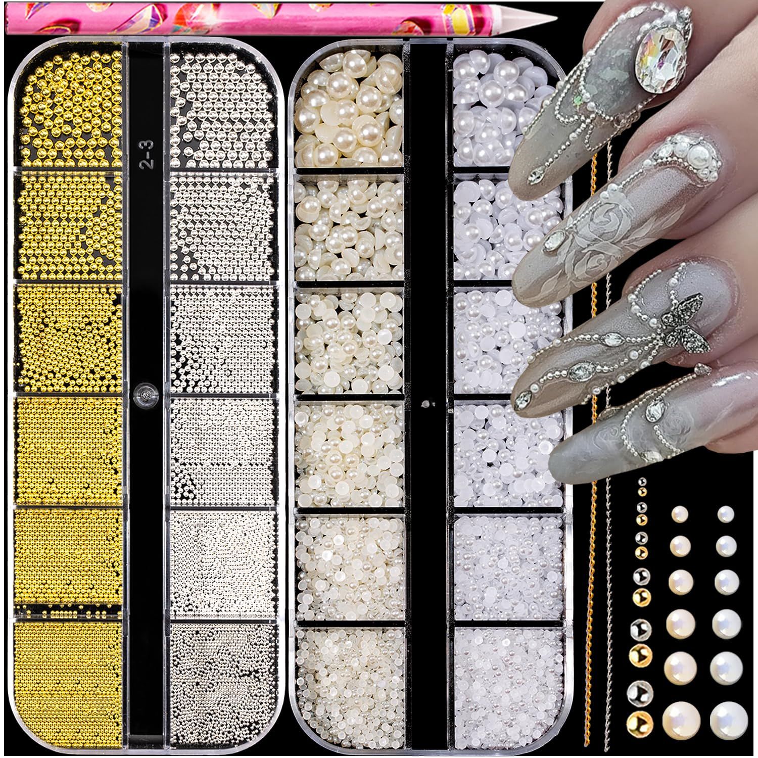 Haozher 8000pcs Nail Charms and Gems for Nails Art, Flatback Pearls for Crafting(WhiteBeige), Metal Caviar Beads(SilverGold)Charms for Nails Design, Small Half Pearl Beads for Jewelry Making Crafts