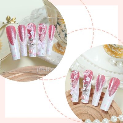 FOXIIU Press on Nails Long Coffin Shaped Glossy Full Cover Acrylic Long Length French False Nails with Designs Artificial Long Square Fake Nails with Charms Glue ons Fingernails for Women(GZ1033)