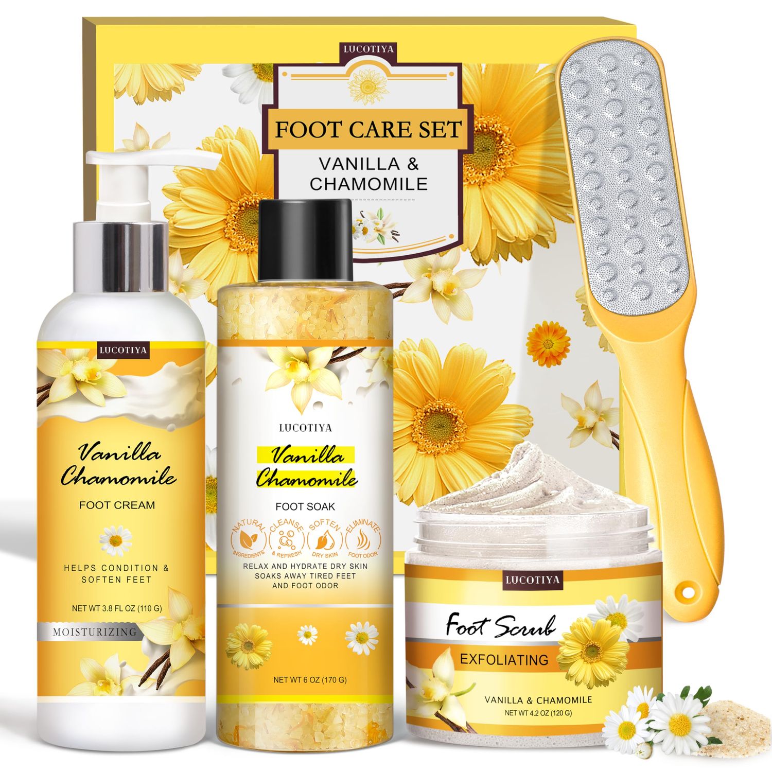 LUCOTIYA Foot Soak Set Pedicure Kit, Vanilla chamomile Foot Soak Salts,Foot File,Foot Scrub &amp; Urea Foot Cream,Pedicure Supplies for Dry Cracked Feet for Women
