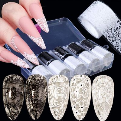 Holographic Nail Foil Transfer Stickers Black White Lace Laser Foils Nail Art Supplies Starry Paper Designs for Acrylic Decorations Women Fingernails Toenails DIY Manicure Wraps Nail Decor10 Rolls