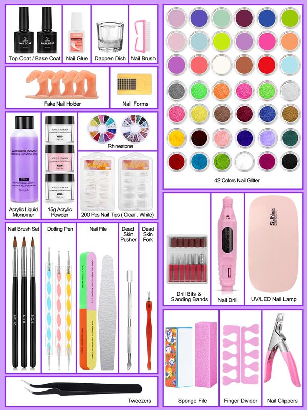 Acrylic Nail Kit for Beginners with Everything, 42Colors Glitter Acrylic Powder Monomer Liquid Nail Kit Set Professional Acrylic with Everything, Drill UV Light Practice Finger Nail Bag Organizer Case