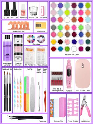 Acrylic Nail Kit for Beginners with Everything, 42Colors Glitter Acrylic Powder Monomer Liquid Nail Kit Set Professional Acrylic with Everything, Drill UV Light Practice Finger Nail Bag Organizer Case