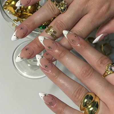 IMRAIN Medium Press on Nails Almond White French Fake Nails Tips Full Cover Glossy Gel Golden Star Glue on False Nails Artificial Nude Stick on Nails for Women Girls 24Pcs