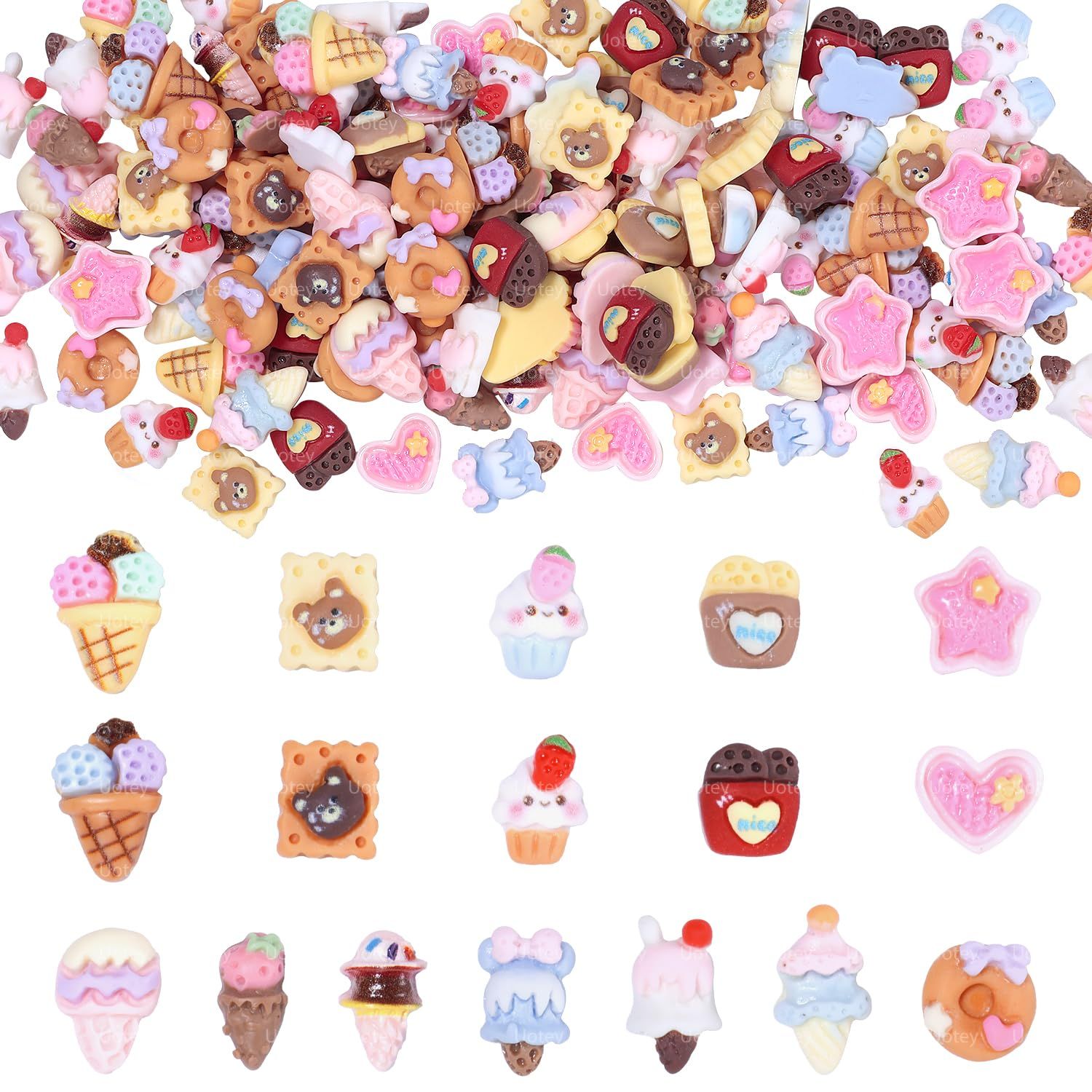Uotey 120 Pcs Resin Cute Nail Charms, Mixed 17Styles Dessert Candy Nail Art Charms, 3D Kawaii Ice Cream Cute Sweets Cake Charms for DIY Craft Jewelry Making Nail Art Decor
