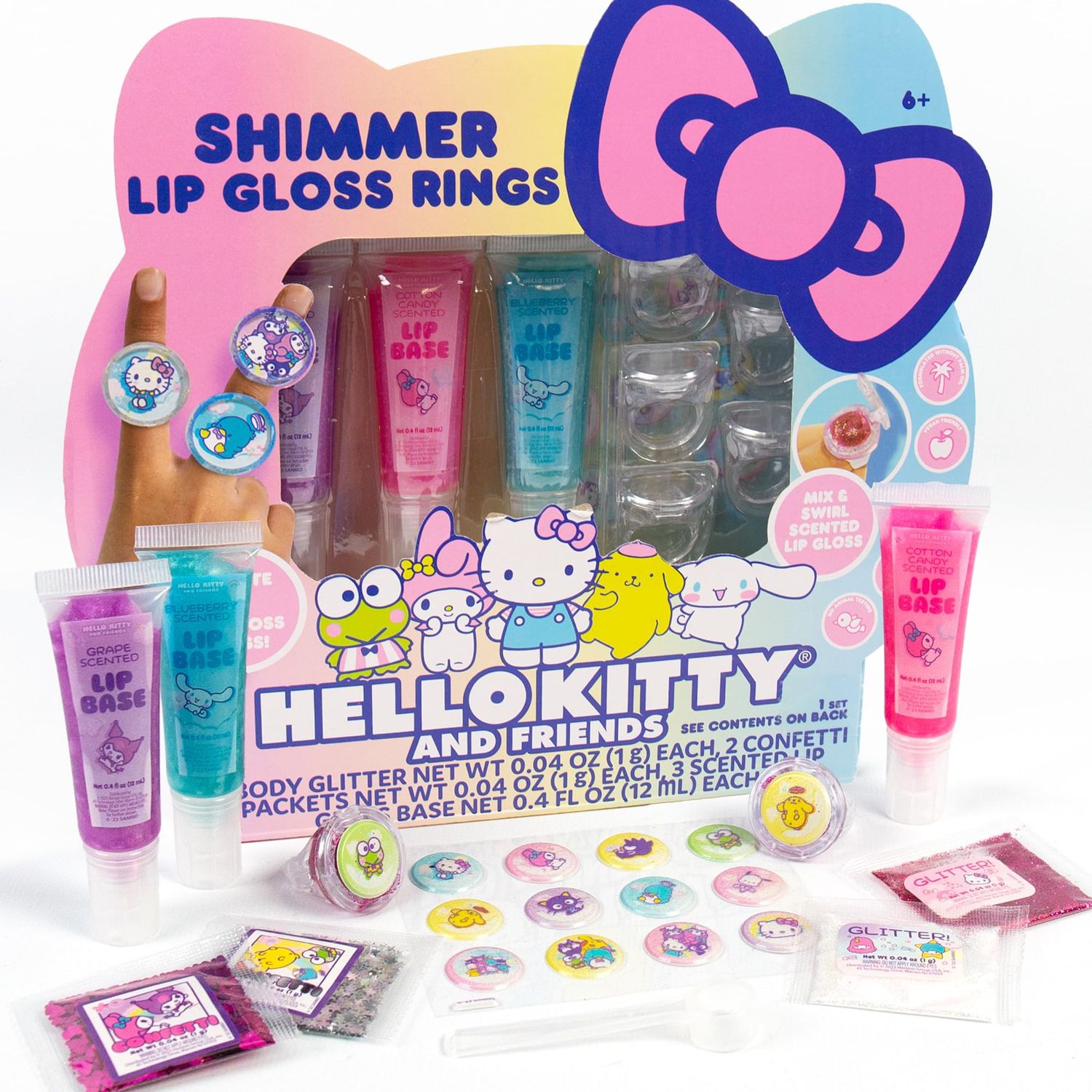 Horizon Group USA Sanrio Hello Kitty and Friends Shimmer Lip Gloss Making Kit, Makes 5 Hello Kitty Glitter Lip Gloss Rings, DIY Hello Kitty Lip Gloss Kit, Great Birthday Gift for Ages 6