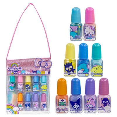 Hello Kitty and Friends - Townley Girl Non-Toxic, Water-Based Peel-Off Nail Polish Set with Glittery, Shimmery, and Opaque Colors in PVC Bag, for Girls, Kids Ages 3, Perfect for Parties, 9 Pcs