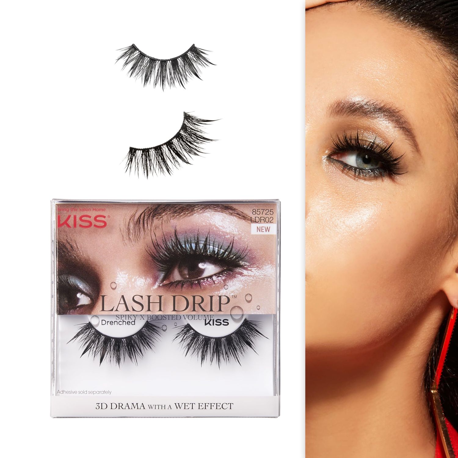 KISS Lash Drip False Eyelashes, Spiky X Boosted Volume, Unique Wet Look Hydrated Effect, Multi-Length Rewearable Fake Eyelashes, Wispy Crisscross Lash Pattern, Style Drenched, 1 Pair