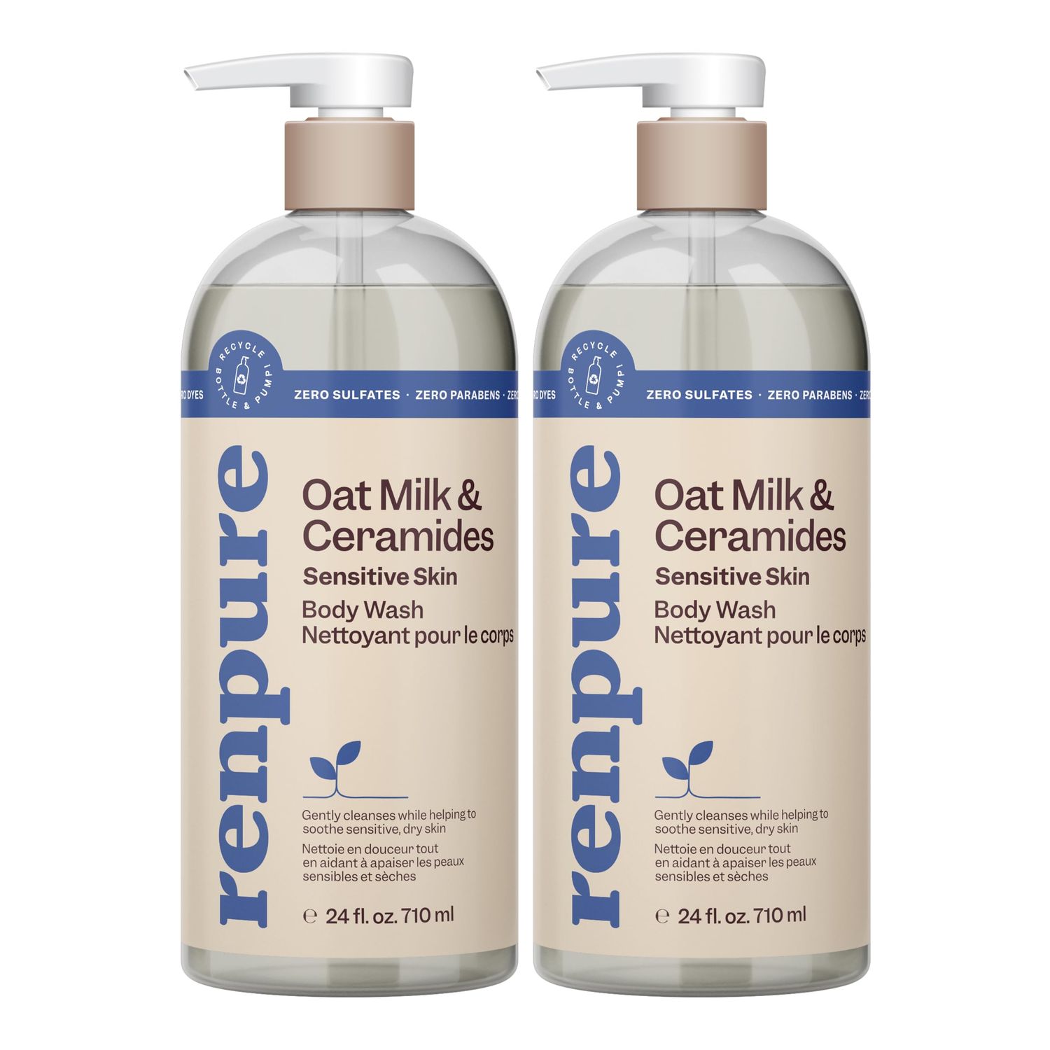 Renpure Oat Milk &amp; Ceramides Body Wash - For Gentle Cleansing &amp; Hydration - For Sensitive Skin - Oat Milk &amp; Ceramides - 24 Fl Oz each, 2 Pack