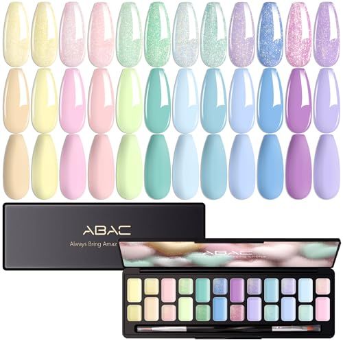 ABAC Pastel Shimmer Solid Gel Polish Set,Spring&amp;Summer Easter Hema-free 24 Colors Soak Off Gel Polish Kit w/ Double-Ended Nail Art Brush for Salon and Nail Art DIY at Home