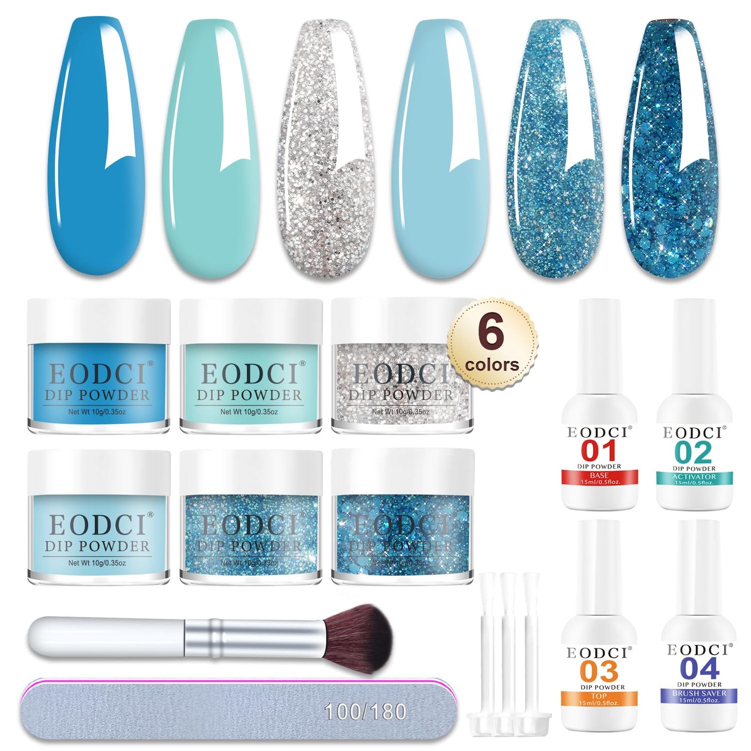 Eodci 12 Pcs Dip Powder Nail Kit Starter, 6 Colors Glitter Blue Snow Dipping Powder Kit With Base &amp; Top Coat/Activator/Brush Saver, Nail Art Manicure Salon DIY for Daily at Home Party Gifts for Women