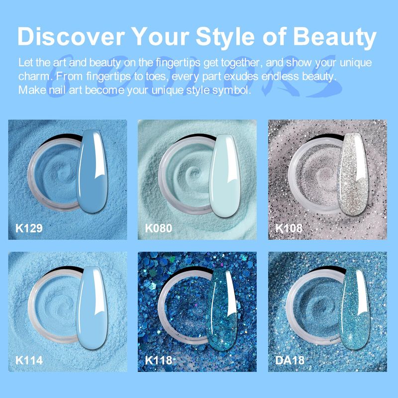 Eodci 12 Pcs Dip Powder Nail Kit Starter, 6 Colors Glitter Blue Snow Dipping Powder Kit With Base &amp; Top Coat/Activator/Brush Saver, Nail Art Manicure Salon DIY for Daily at Home Party Gifts for Women