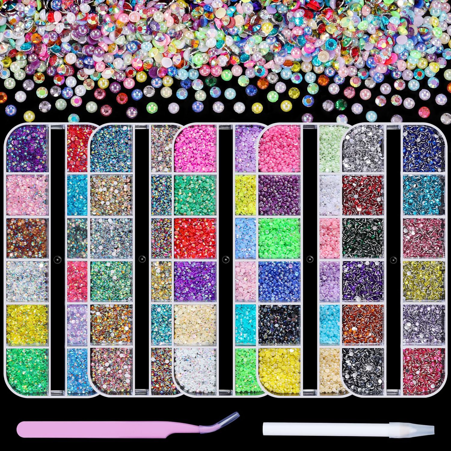 5 Boxes 2mm Flatback Nail Rhinestones Kit 13200 Pcs Colorful AB Round Transparent White Rainbow Crystal AB Gems Half Pearls with Pick Up Pen and Picker Tweezers for Craft Art and Face Makeup(2mm)
