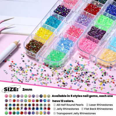 5 Boxes 2mm Flatback Nail Rhinestones Kit 13200 Pcs Colorful AB Round Transparent White Rainbow Crystal AB Gems Half Pearls with Pick Up Pen and Picker Tweezers for Craft Art and Face Makeup(2mm)