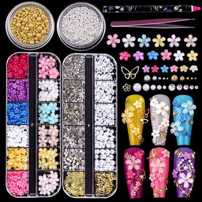 CUBLIVE Nail Charms Set, 3D Blossom Butterfly Nail Art Charms, Half Round Pearl &amp; Flatback Gems AB Jewelry Nail Craft Decorations Accessories Supplies (NC-ZH1)