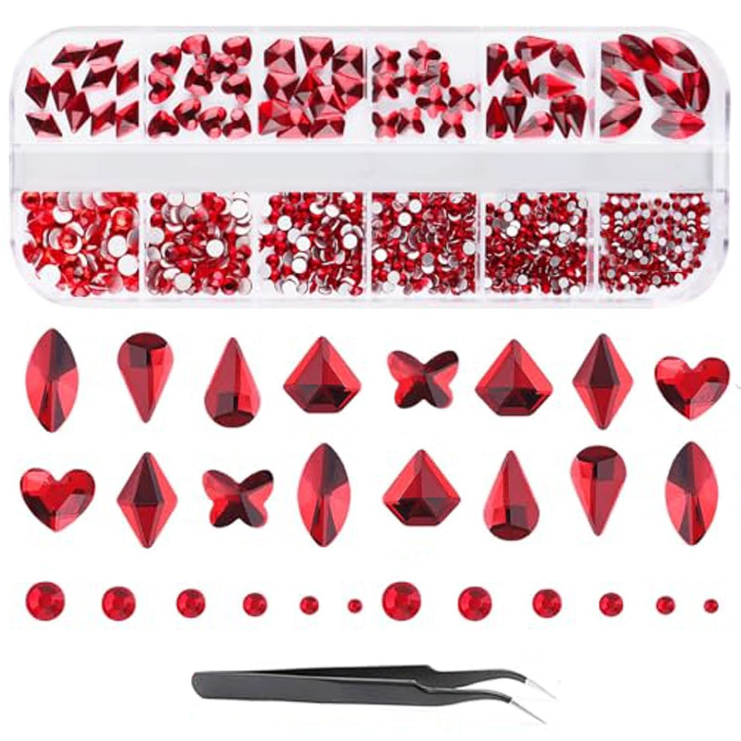 Valentines Nail Rhinestone EBANKU Red Nail Rhinestones Hearts Butterfly Round Nail Art Crystals Diamonds Flat Back Rhinestones 3D Diamond Stone Nail Gems with Tweezer for Valentines Day Christmas