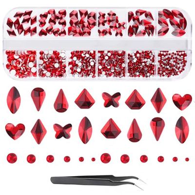 Valentines Nail Rhinestone EBANKU Red Nail Rhinestones Hearts Butterfly Round Nail Art Crystals Diamonds Flat Back Rhinestones 3D Diamond Stone Nail Gems with Tweezer for Valentines Day Christmas