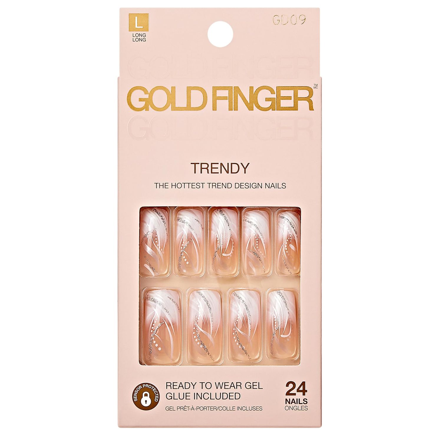 Gold Finger Full Cover White French Design Press on Nails Ready to Wear Gel Manicure Long Nails, Salon Result, Long lasting Durable, MIni Glue Included