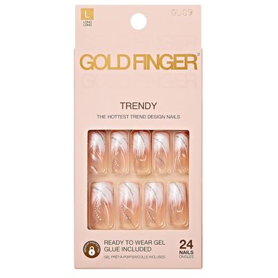 Gold Finger Full Cover White French Design Press on Nails Ready to Wear Gel Manicure Long Nails, Salon Result, Long lasting Durable, MIni Glue Included